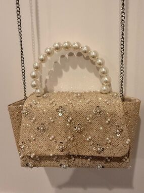 Pearl-Handle Beaded Silver/Gold Evening Handbag